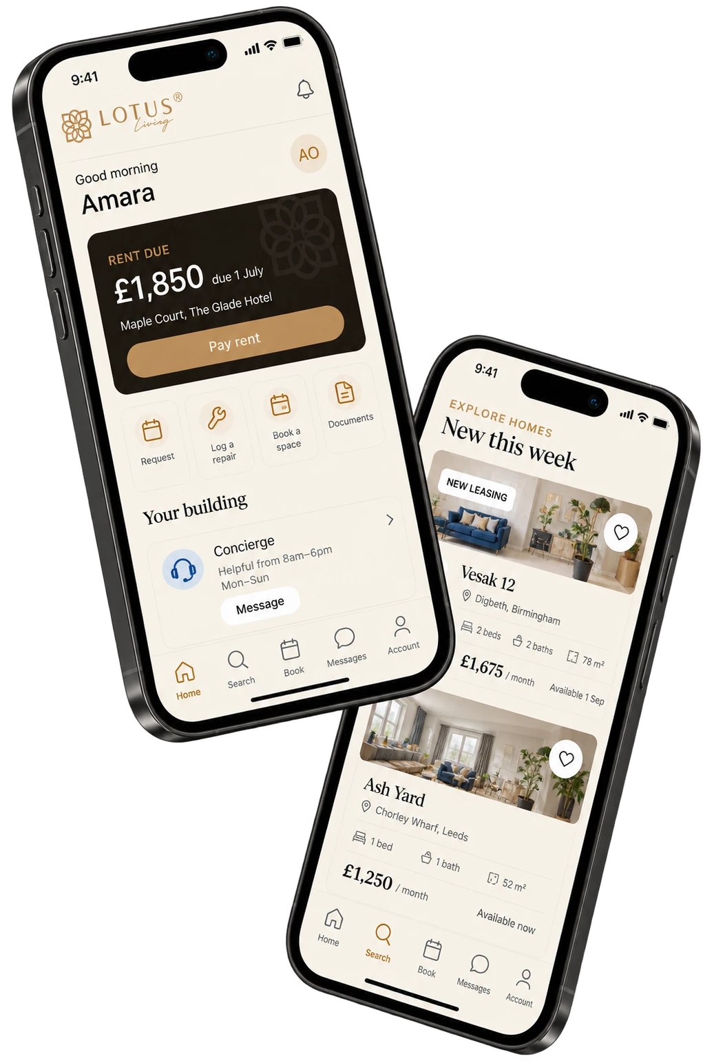 Lotus Living resident app shown on two iPhones