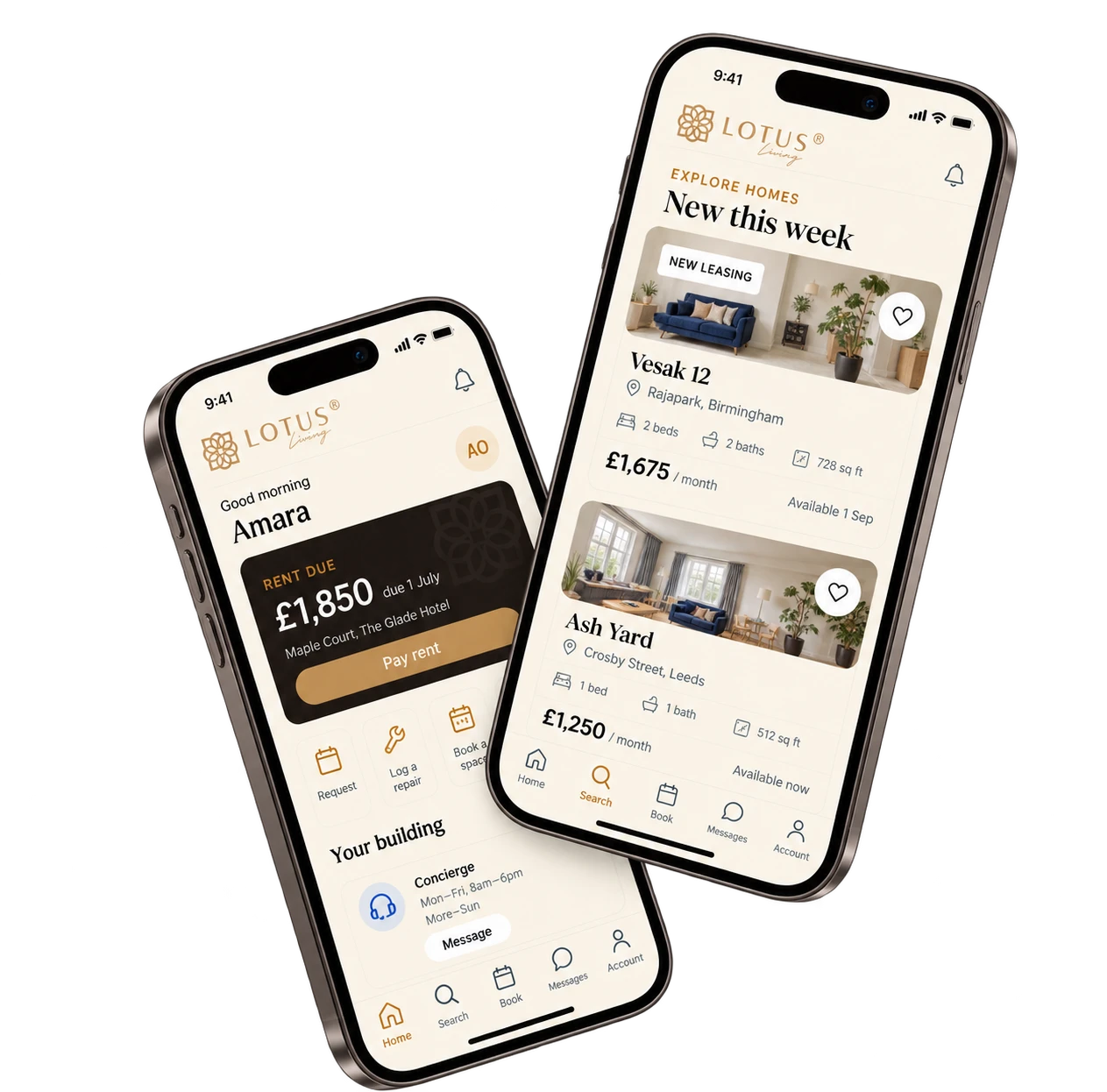 Lotus Living Resident Platform shown on iPhones